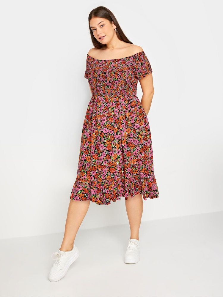 Yours Curve Pink & Orange Pink & Orange Shirred Bardot Midi Dress - Image 2 of 5