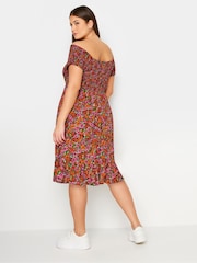 Yours Curve Pink & Orange Pink & Orange Shirred Bardot Midi Dress - Image 3 of 5