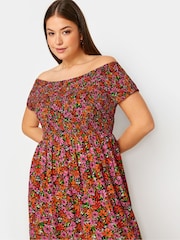 Yours Curve Pink & Orange Pink & Orange Shirred Bardot Midi Dress - Image 4 of 5
