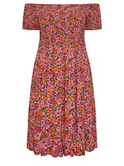 Yours Curve Pink & Orange Pink & Orange Shirred Bardot Midi Dress - Image 5 of 5