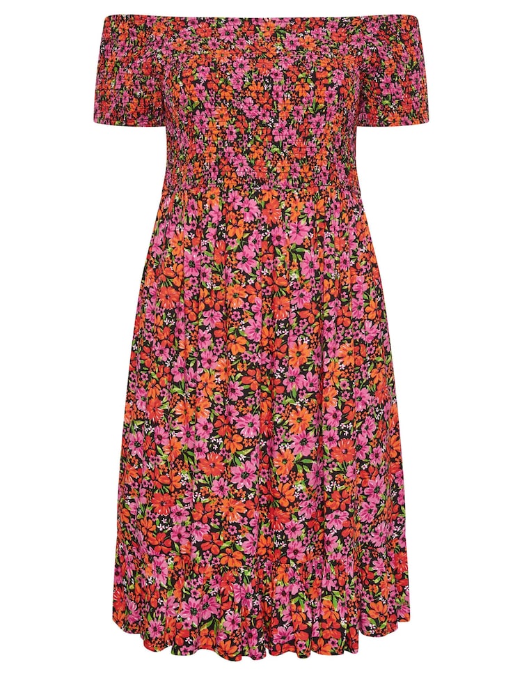 Yours Curve Pink & Orange Pink & Orange Shirred Bardot Midi Dress - Image 5 of 5