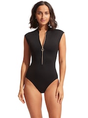 Maiô preto com zíper frontal Seafolly Collective - Imagem 1 de 4