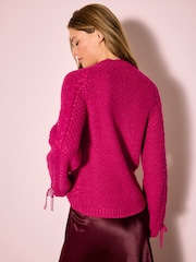 Bright Pink Cable Knit Lace Trim Cardigan With Heart Buttons - Image 3 of 9