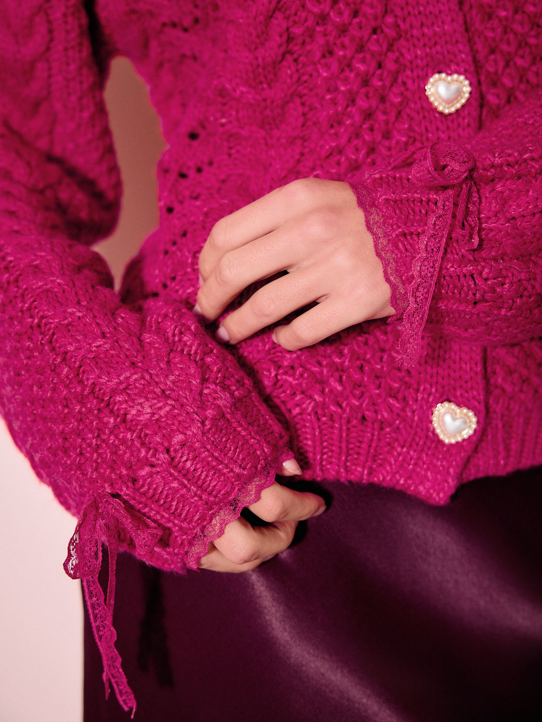 Buy Bright Pink Cable Knit Lace Trim Cardigan With Heart Buttons