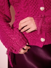 Bright Pink Cable Knit Lace Trim Cardigan With Heart Buttons - Image 4 of 9