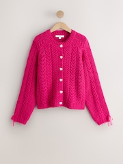 Bright Pink Cable Knit Lace Trim Cardigan With Heart Buttons - Image 6 of 9