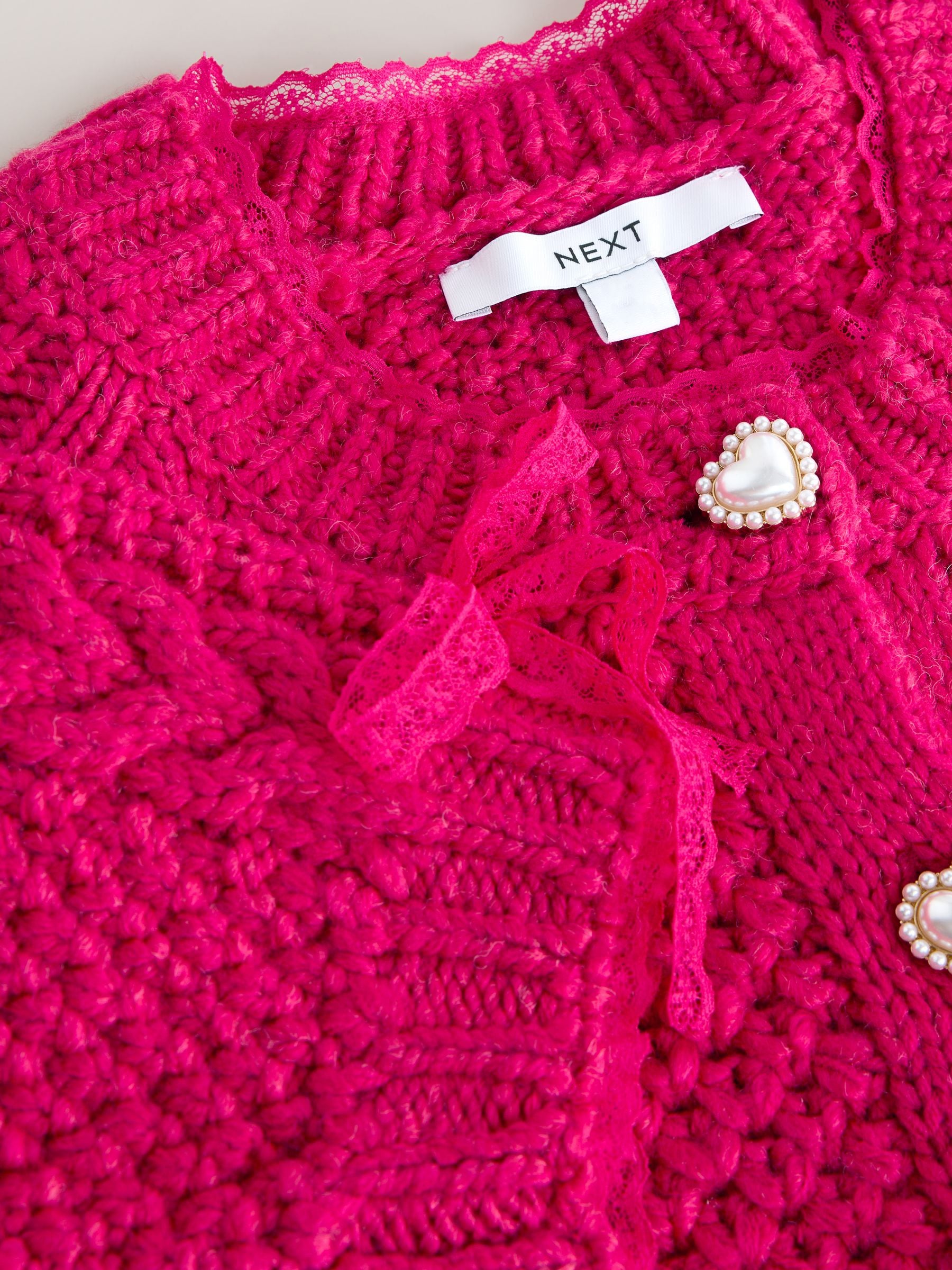 Buy Bright Pink Cable Knit Lace Trim Cardigan With Heart Buttons