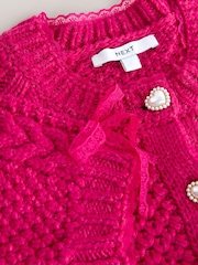 Bright Pink Cable Knit Lace Trim Cardigan With Heart Buttons - Image 7 of 9