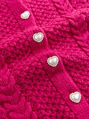Bright Pink Cable Knit Lace Trim Cardigan With Heart Buttons - Image 9 of 9