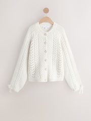 Ecru Cable Knit Lace Trim Cardigan With Heart Buttons - Image 1 of 4