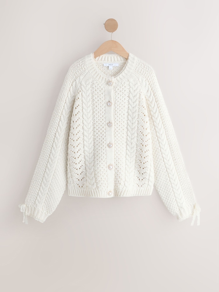 Ecru Cable Knit Lace Trim Cardigan With Heart Buttons - Image 1 of 4