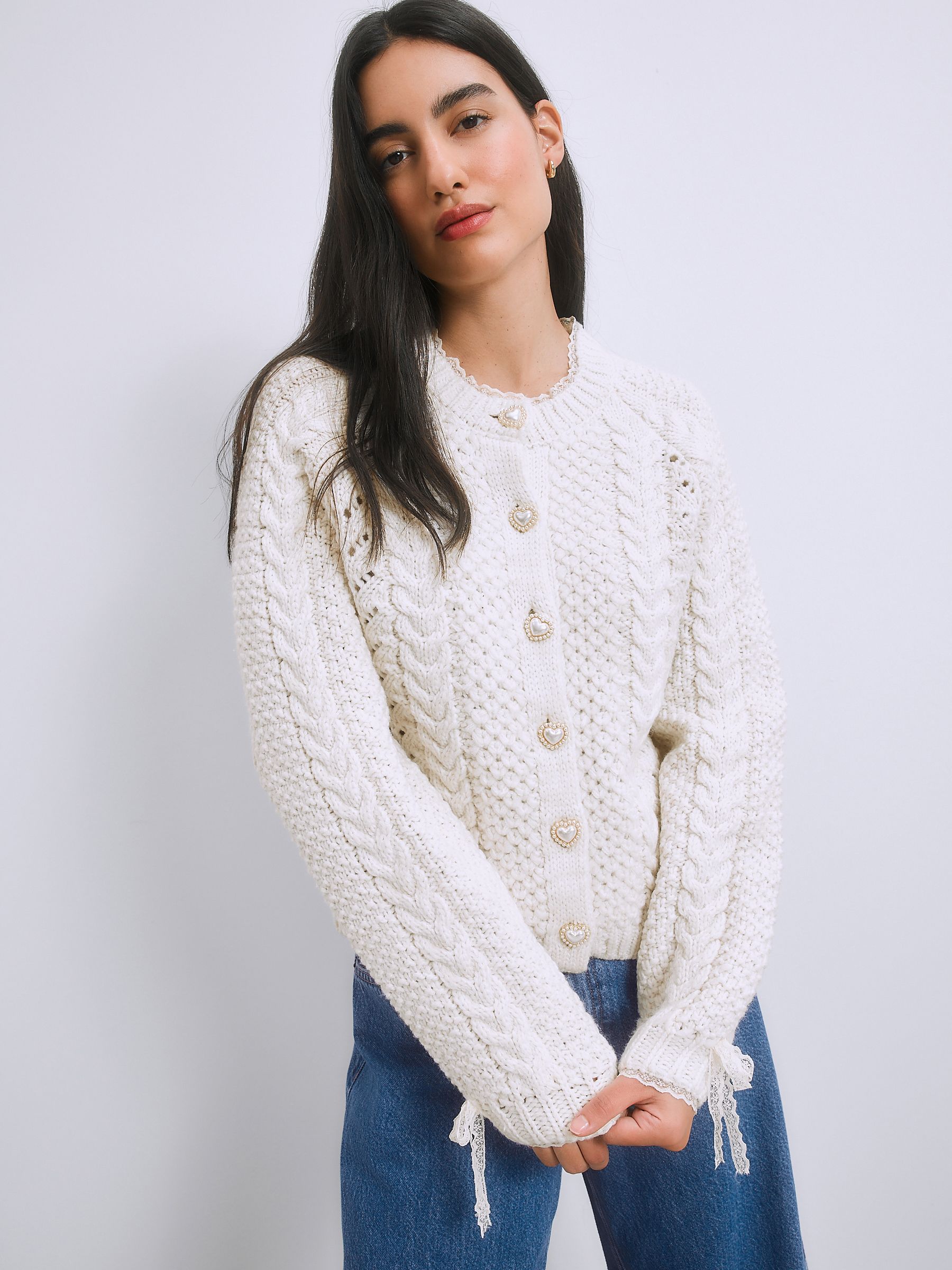 Buy Ecru Cable Knit Lace Trim Cardigan With Heart Buttons from the