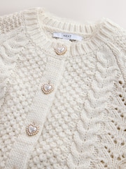Ecru Cable Knit Lace Trim Cardigan With Heart Buttons - Image 2 of 4