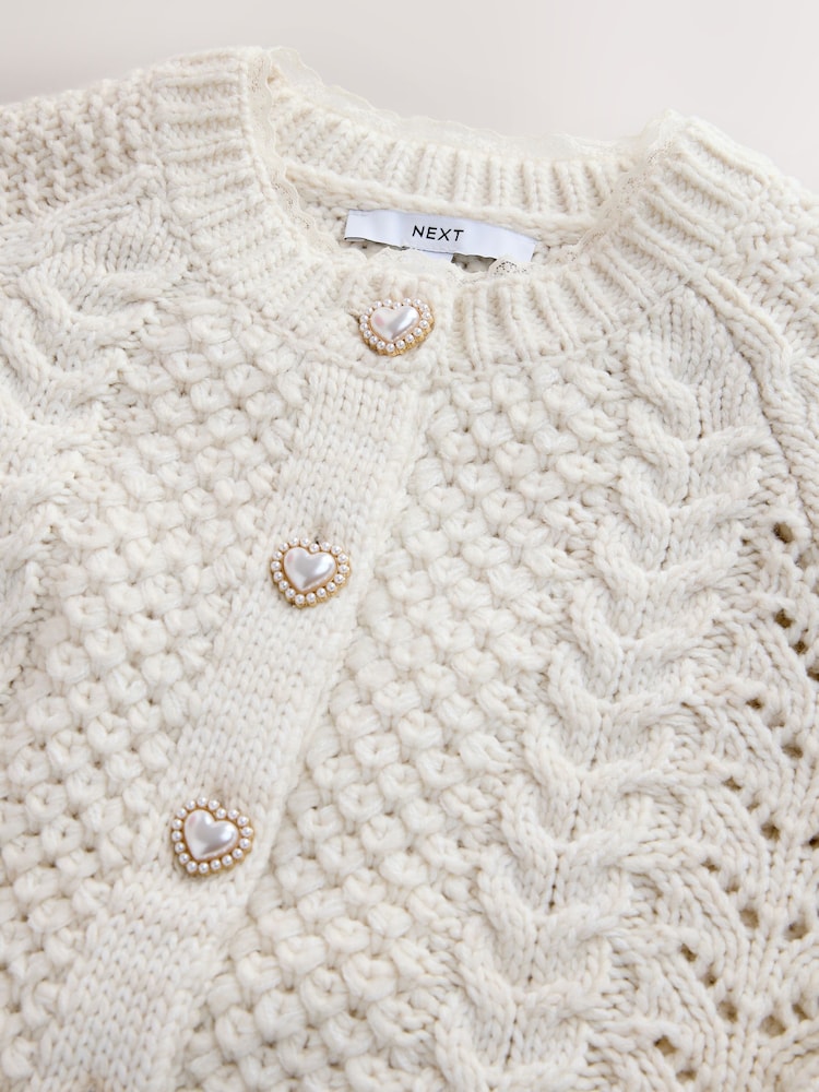 Ecru Cable Knit Lace Trim Cardigan With Heart Buttons - Image 2 of 4