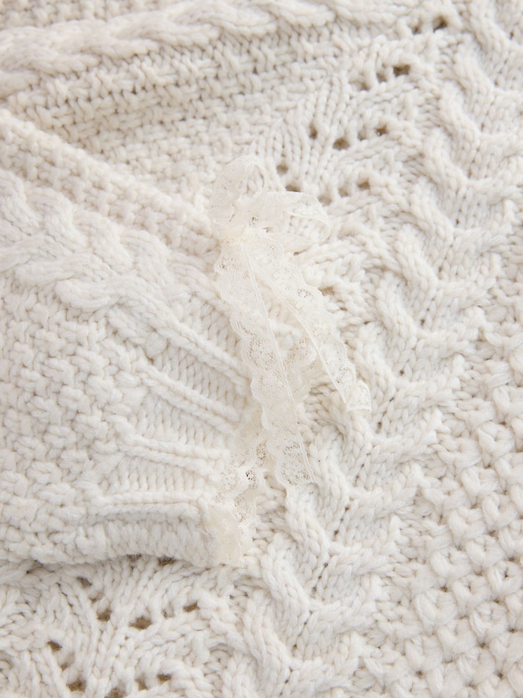 Ecru Cable Knit Lace Trim Cardigan With Heart Buttons - Image 4 of 4