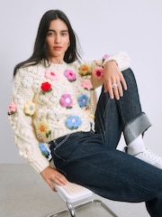 Light Yellow Hand Knitted Floral 3D Cardigan - Image 1 of 8