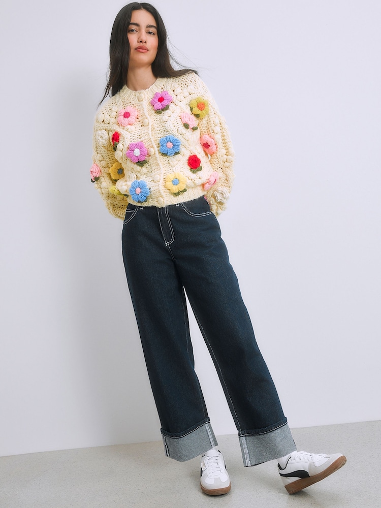 Light Yellow Hand Knitted Floral 3D Cardigan - Image 2 of 8