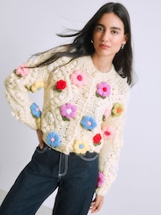 Light Yellow Hand Knitted Floral 3D Cardigan - Image 3 of 8