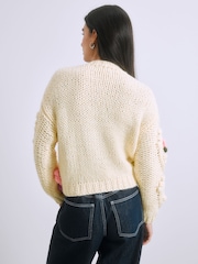 Light Yellow Hand Knitted Floral 3D Cardigan - Image 4 of 8