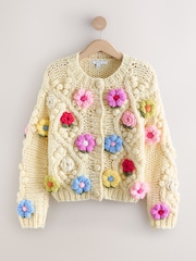 Light Yellow Hand Knitted Floral 3D Cardigan - Image 6 of 8