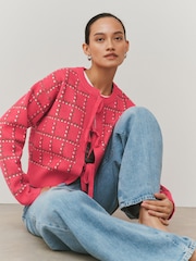 Pink Floral Check - Supersoft Tie Front Knitted Cardigan - Imaginea 1 din 7