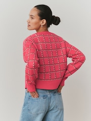 Pink Floral Check - Supersoft Tie Front Knitted Cardigan - Imaginea 2 din 7