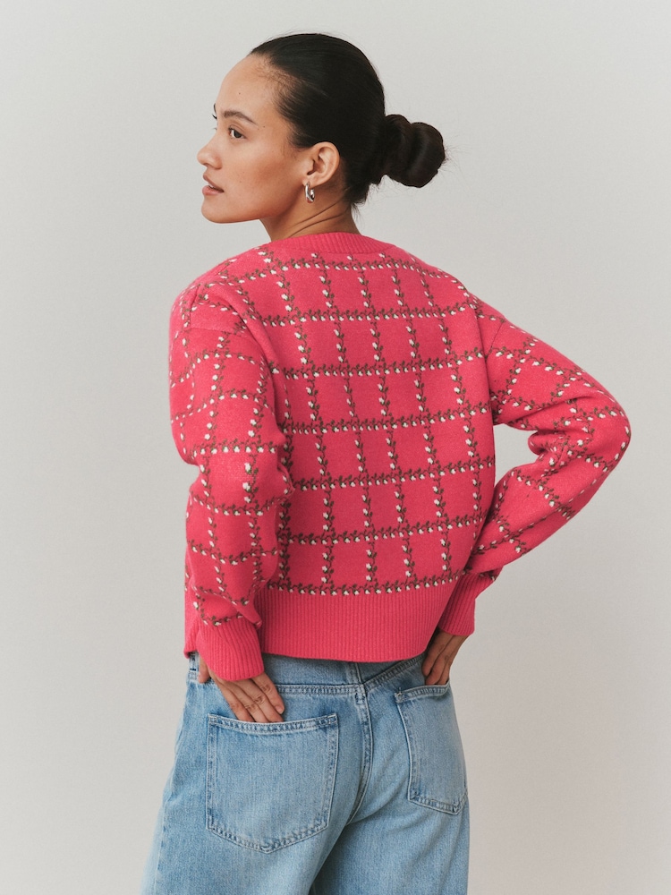 Pink Floral Check - Supersoft Tie Front Knitted Cardigan - Imaginea 2 din 7