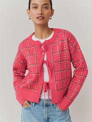 Pink Floral Check - Supersoft Tie Front Knitted Cardigan - Imaginea 3 din 7