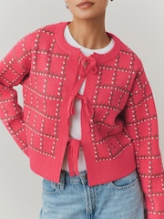 Pink Floral Check - Supersoft Tie Front Knitted Cardigan - Imaginea 4 din 7