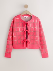 Pink Floral Check - Supersoft Tie Front Knitted Cardigan - Imaginea 5 din 7