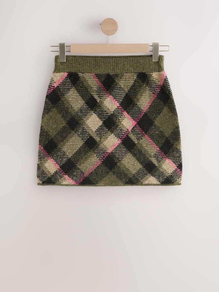 Khaki Green Tartan Check Knitted Mini Skirt With Wool - Image 1 of 3