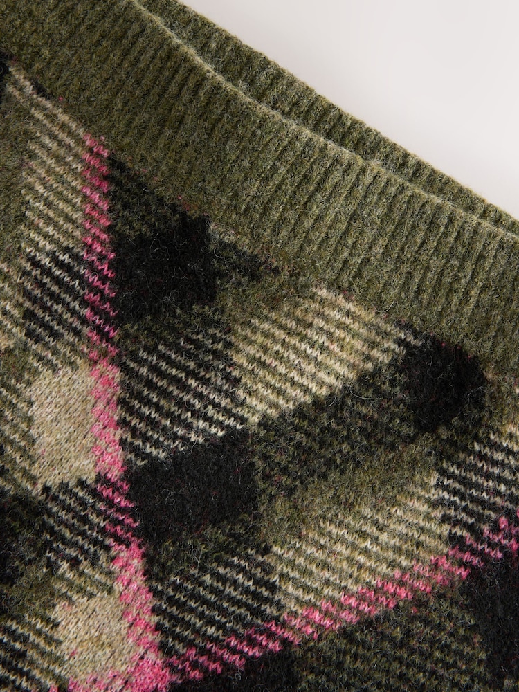 Khaki Green Tartan Check Knitted Mini Skirt With Wool - Image 2 of 3