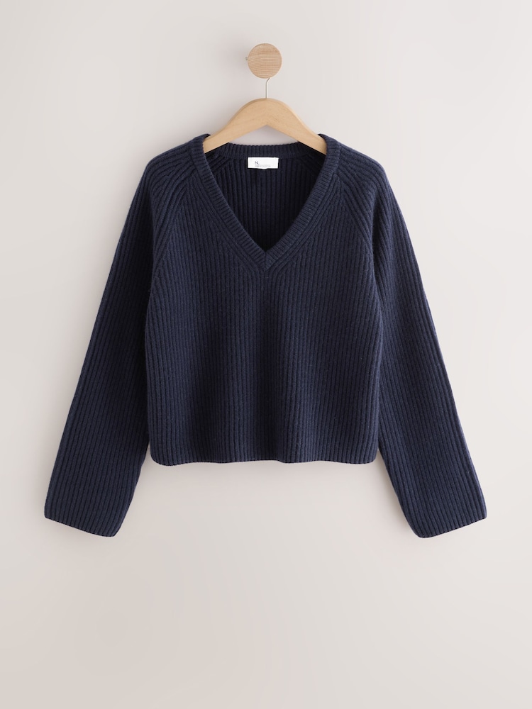 Navy Blue 100% Wool N.Premium Chunky Rib V-Neck Jumper - Image 1 of 3