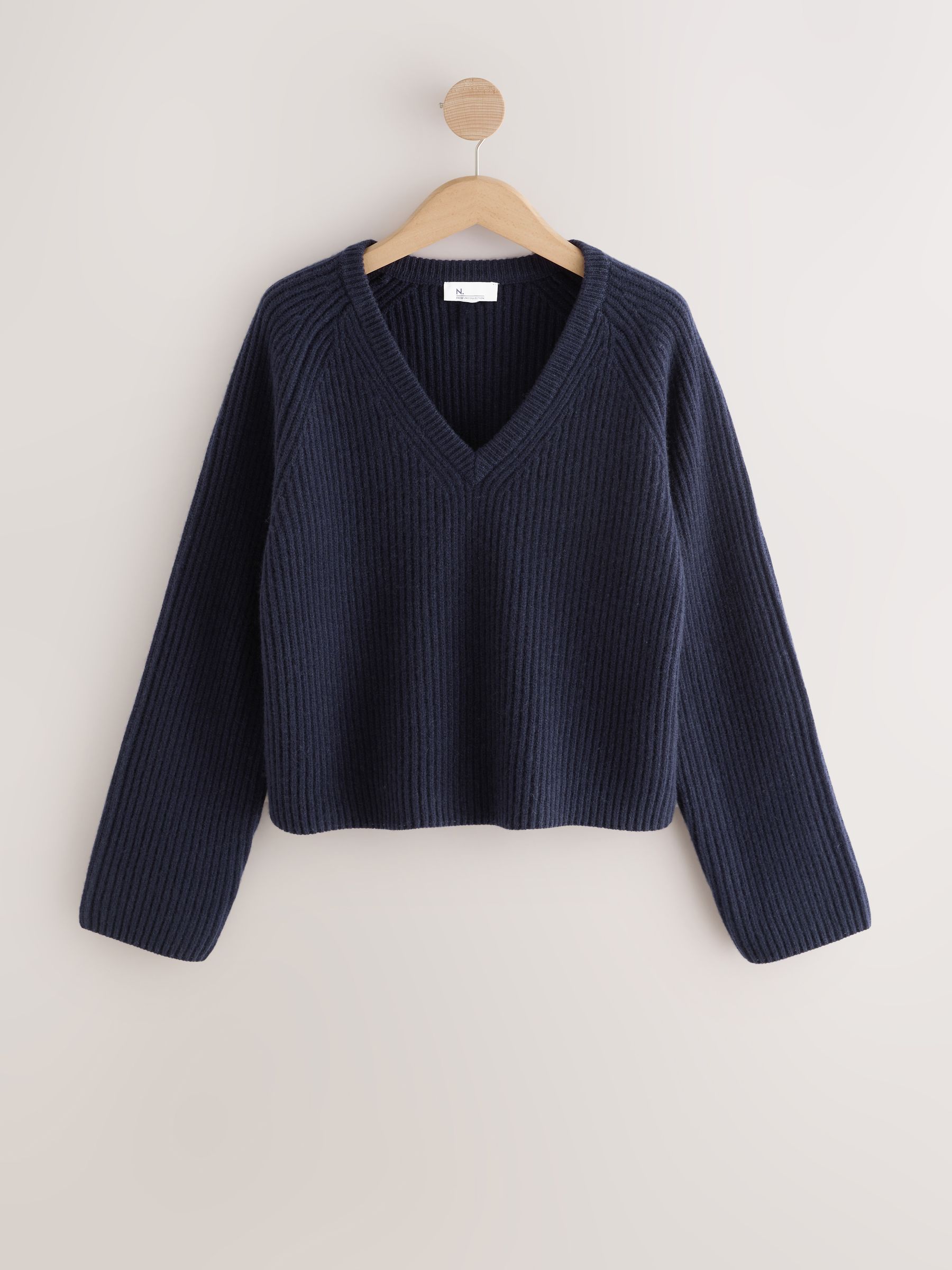 Buy Navy Blue 100% Wool N.Premium Chunky Rib V-Neck Jumper from