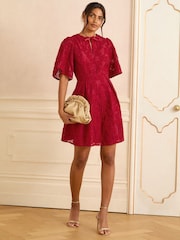 Love & Roses Red Floral Structured Jacquard Mini Dress - Image 1 of 4