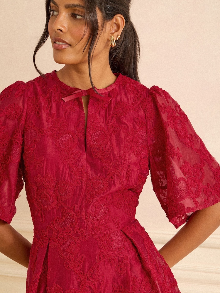 Love & Roses Red Floral Structured Jacquard Mini Dress - Image 2 of 4