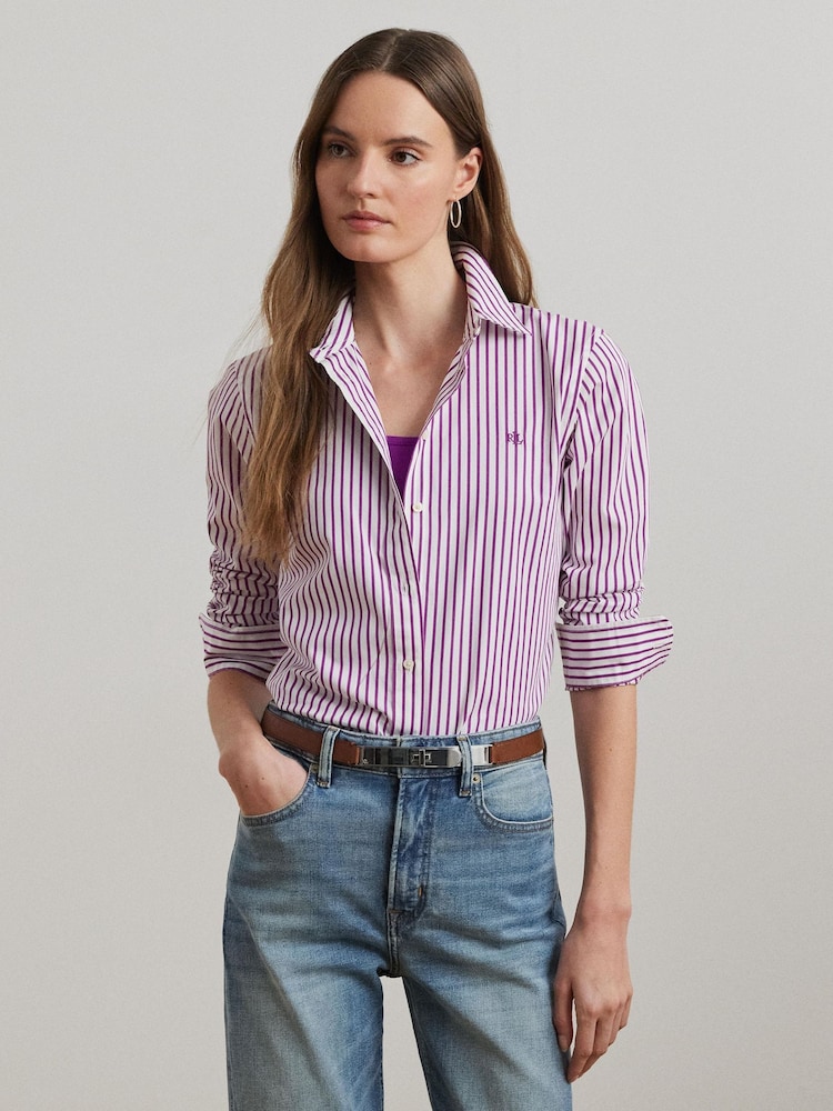 Lauren Ralph Lauren Purple Jamelko Stipe Cotton Logo Shirt - Image 1 of 8