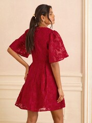 Love & Roses Red Petite Floral Structured Jacquard Mini Dress - Image 4 of 4