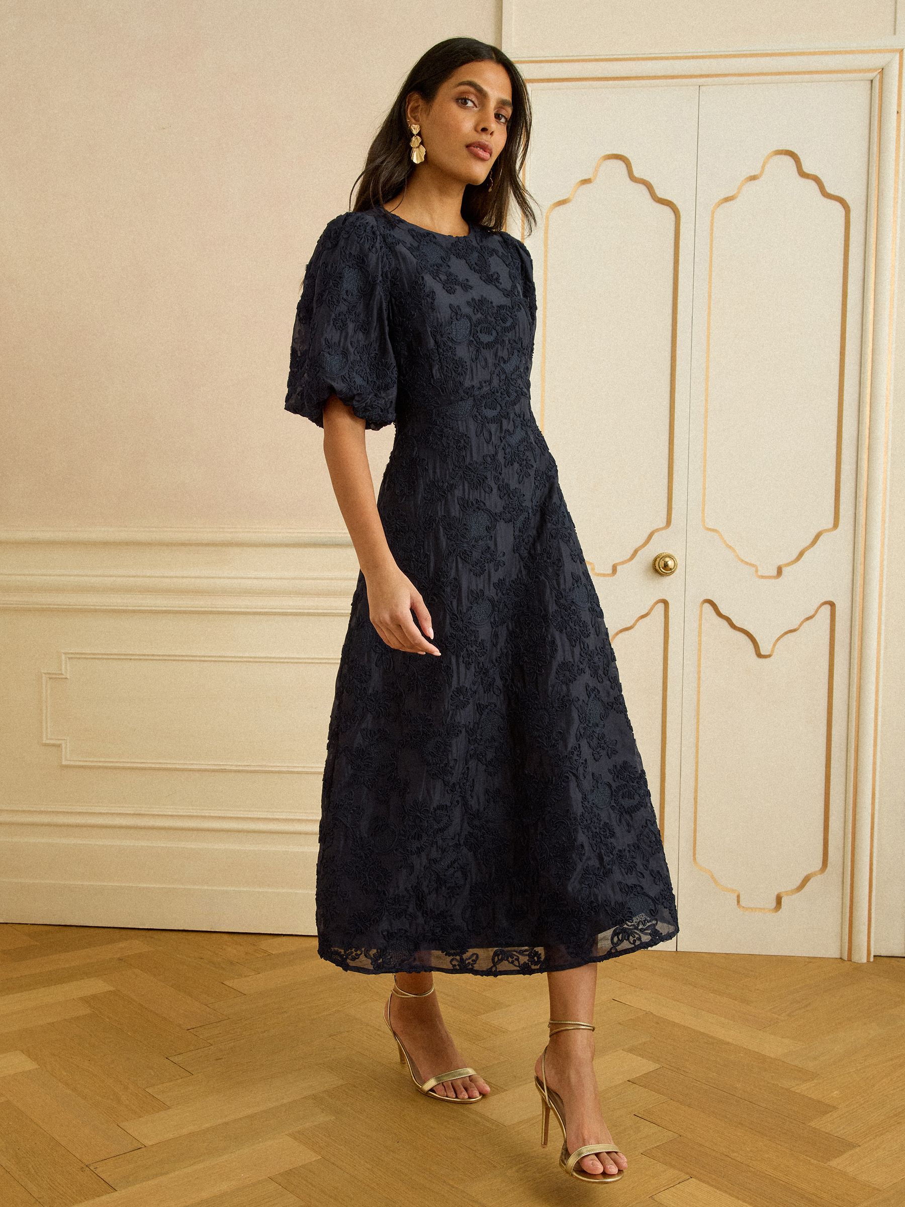 Buy Love & Roses Navy Textured Puff Sleeve Crew Neck Midi Dress