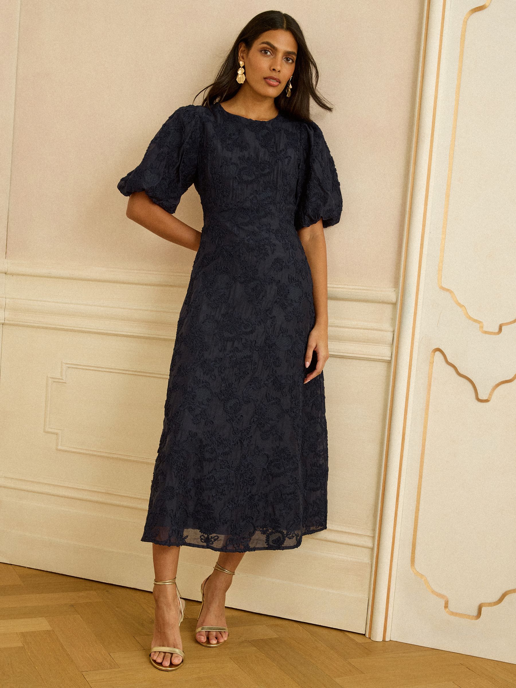 Buy Love & Roses Navy Blue Textured Puff Sleeve Crew Neck Midi