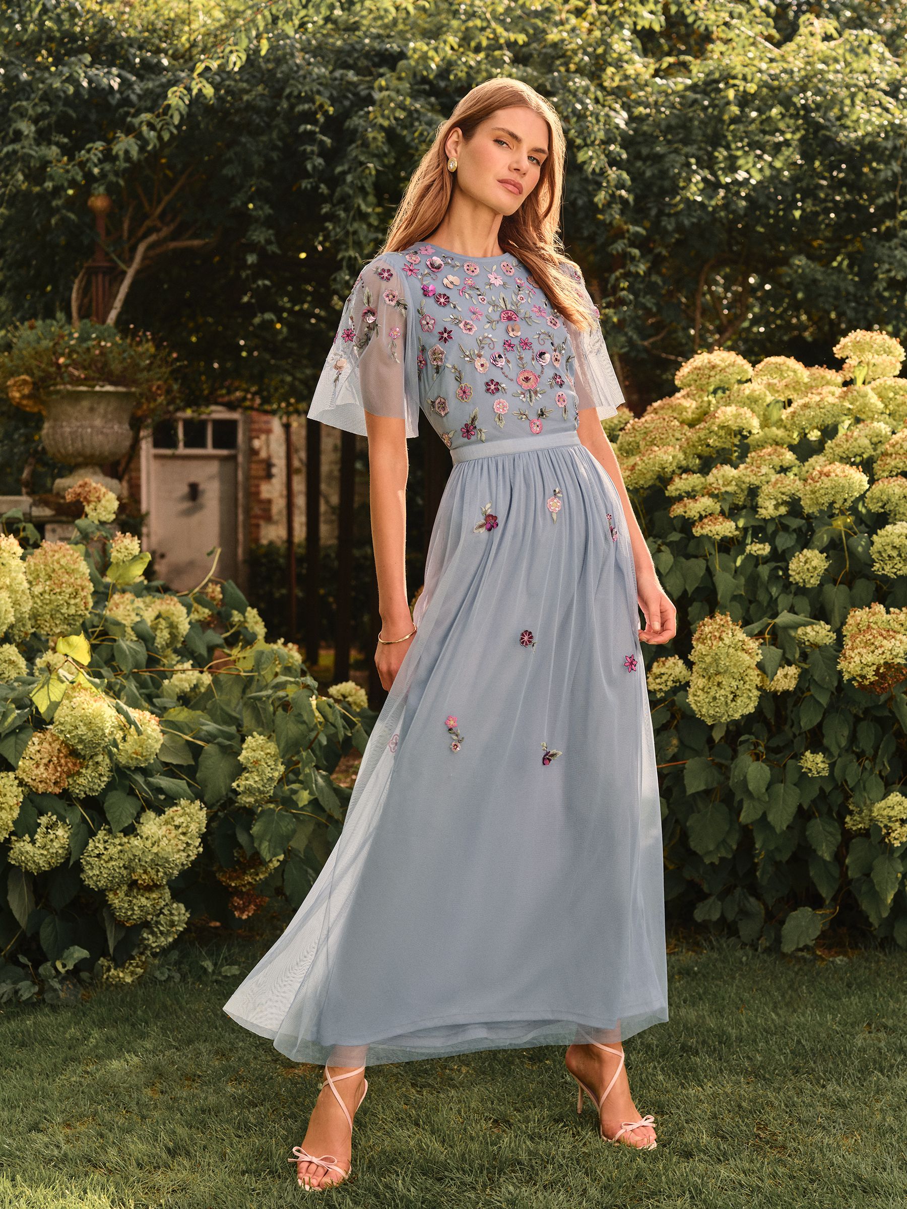 Buy Love & Roses Pale Blue Embroidered Angel Sleeve Maxi Dress