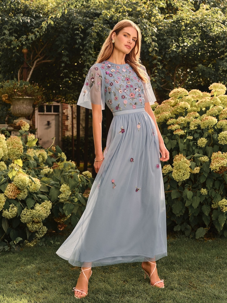 Love & Roses Pale Blue Embroidered Angel Sleeve Bridesmaid Maxi Dress - Image 1 of 4