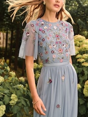 Love & Roses Pale Blue Embroidered Angel Sleeve Bridesmaid Maxi Dress - Image 2 of 4