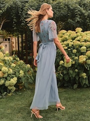 Love & Roses Pale Blue Embroidered Angel Sleeve Bridesmaid Maxi Dress - Image 3 of 4