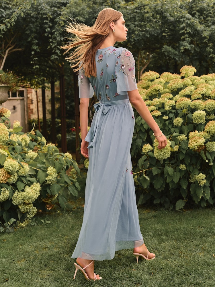 Buy Love & Roses Pale Blue Embroidered Angel Sleeve Maxi Dress from Next USA