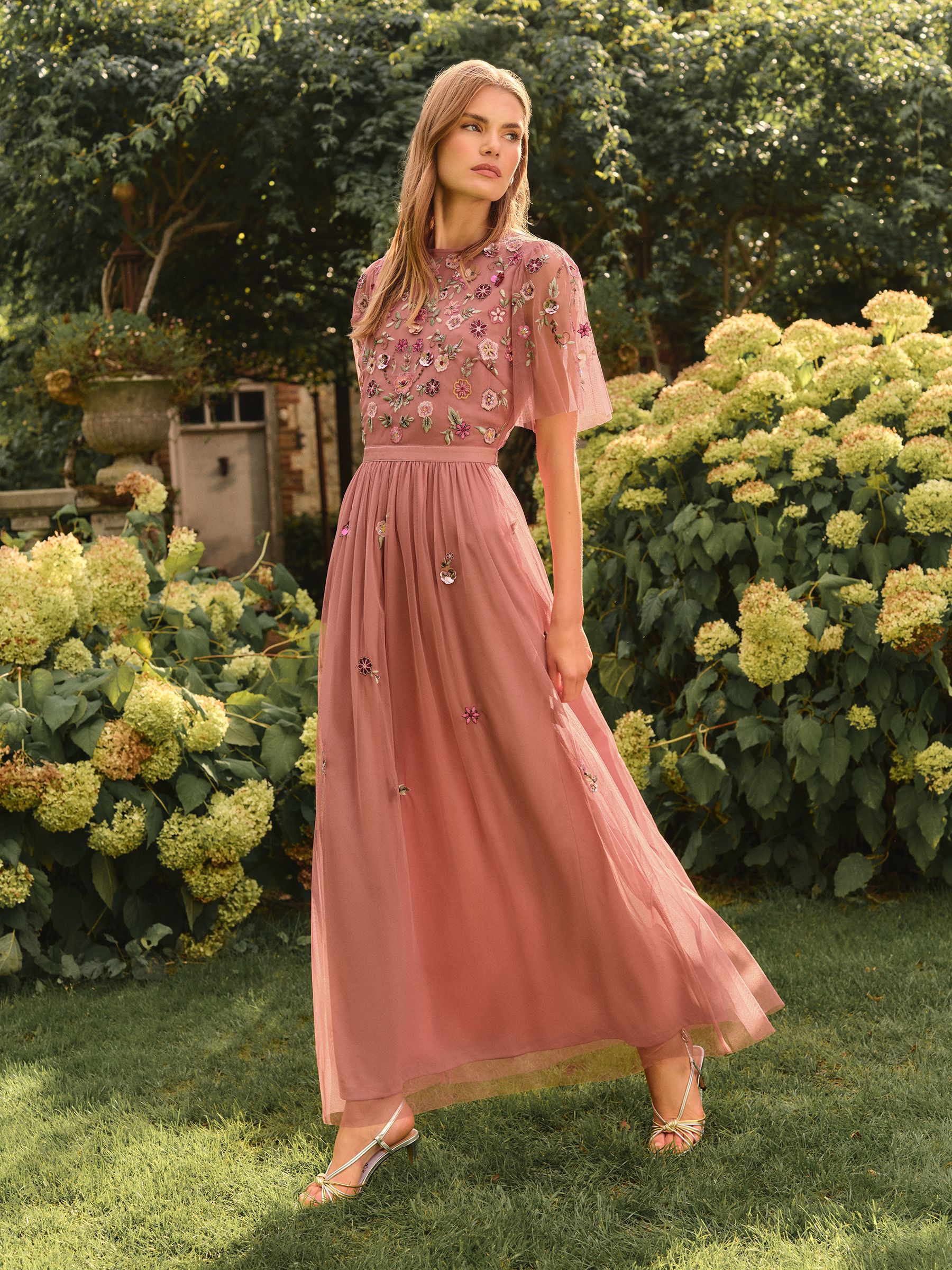 Buy Love & Roses Dusky Pink Embroidered Angel Sleeve Maxi Dress