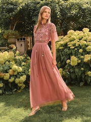 Love & Roses Dusky Pink Embroidered Angel Sleeve Bridesmaid Maxi Dress - Image 1 of 4