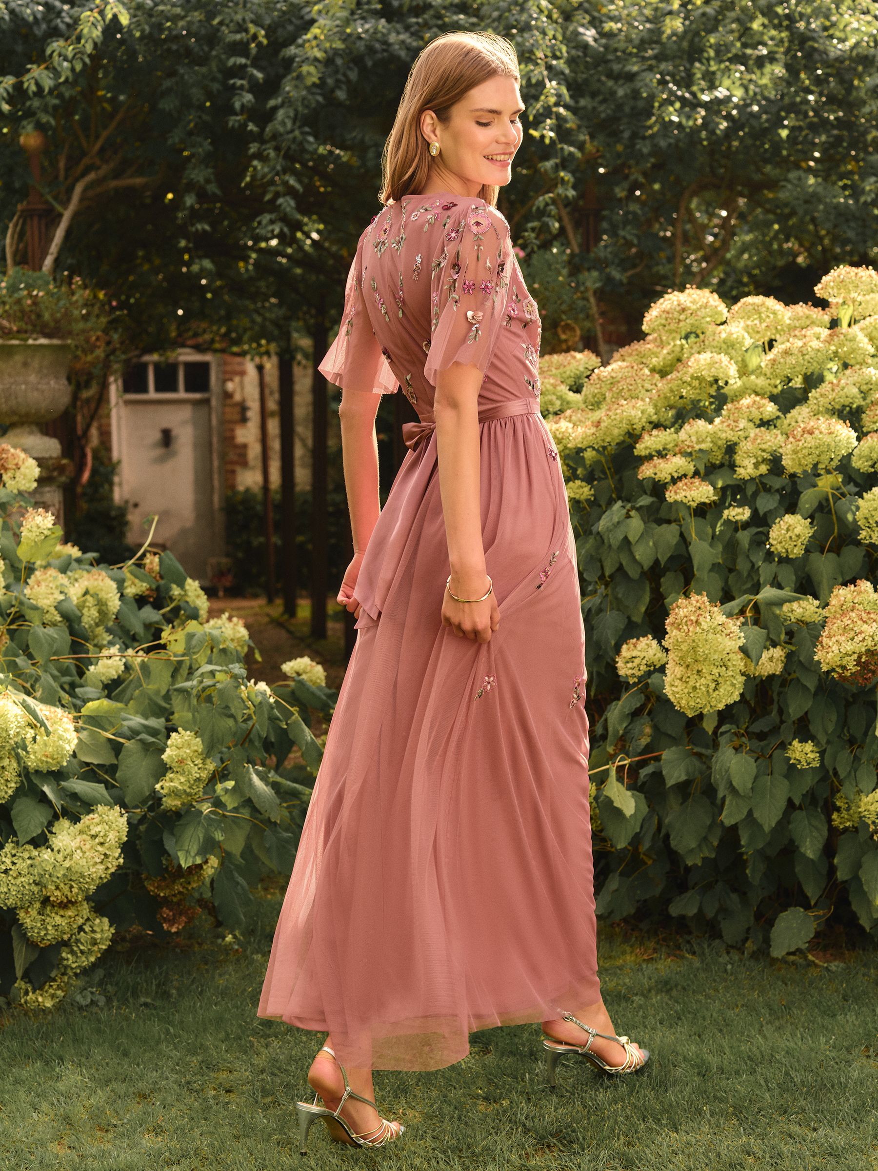 Buy Love & Roses Dusky Pink Embroidered Angel Sleeve Maxi Dress