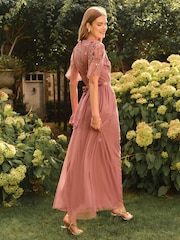 Love & Roses Dusky Pink Embroidered Angel Sleeve Bridesmaid Maxi Dress - Image 2 of 4