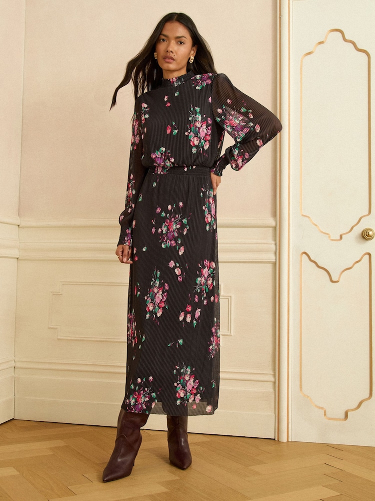 Love & Roses Floral Plisse Mesh High Neck Midi Dress - Image 1 of 4 Love & Roses Floral Plisse Mesh High Neck Midi Dress - Image 1 of 4